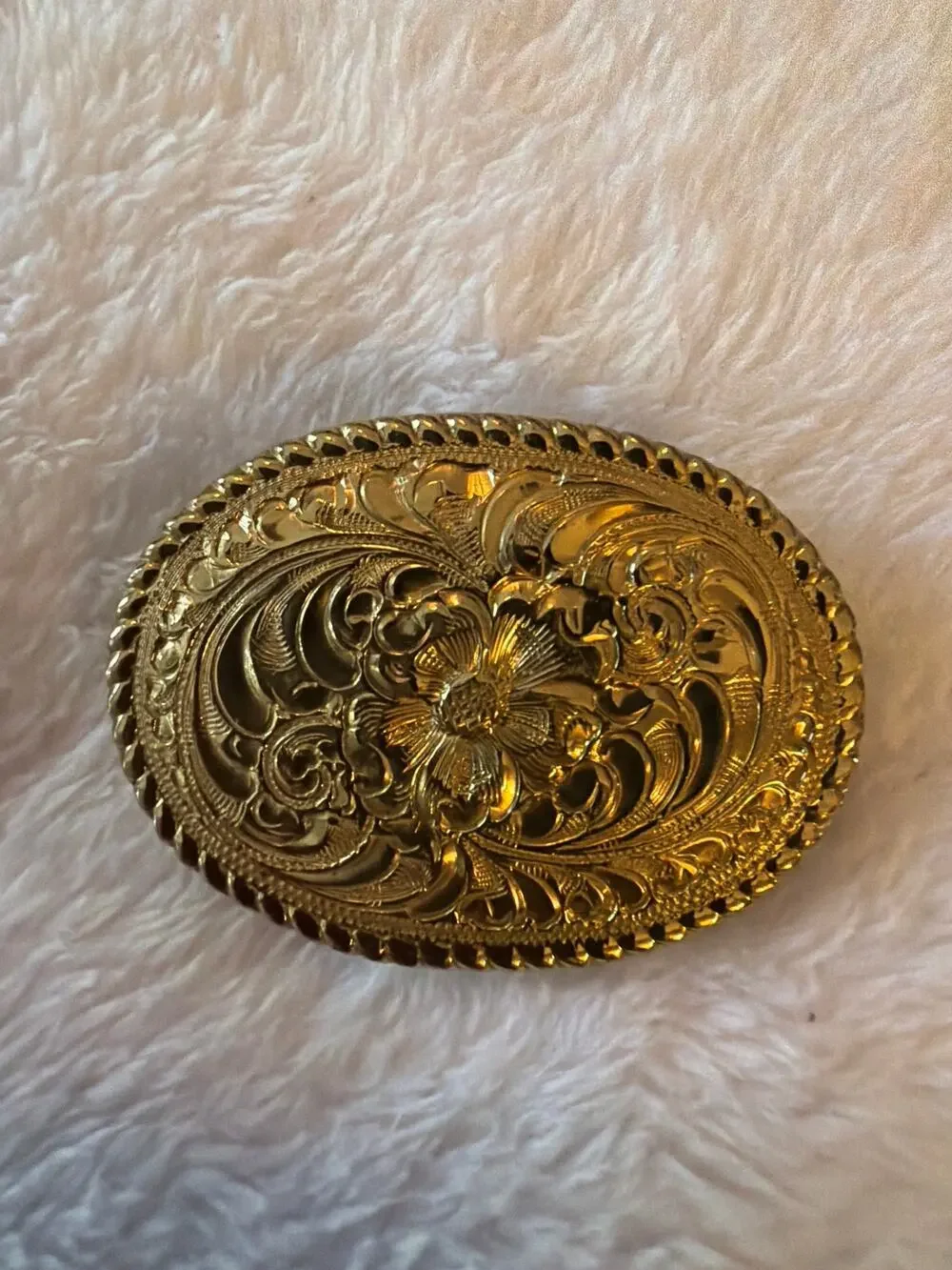 Vintage Crumrine Inc. Gold Tone Floral Engraved Western Oval Belt Buckle USA